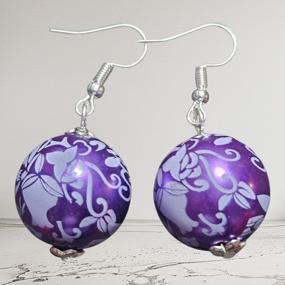 ⭐Purple Lace Gumball Style 1" Dangle Earrings, Handmade Brand New, Silver Wire